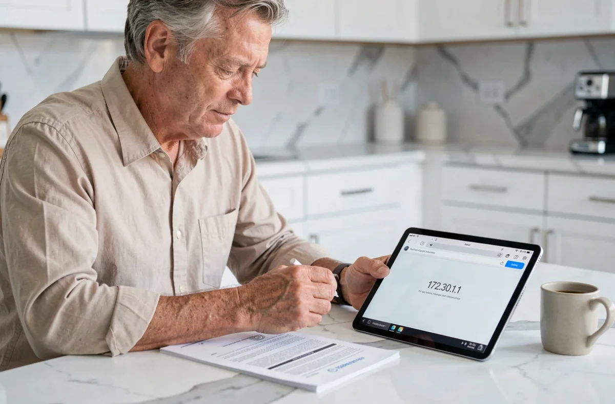 Homme consultant le manuel d'un routeur et une tablette affichant l'adresse IP 172.30.1.1 pour retrouver le mot de passe admin