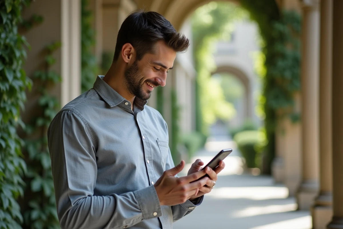 Homme accédant aux services de l'intranet UGA LEO depuis son téléphone en extérieur sur le campus