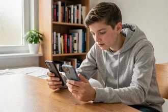 Adolescent comparant deux smartphones abordables posés sur un bureau en bois dans une chambre rangée
