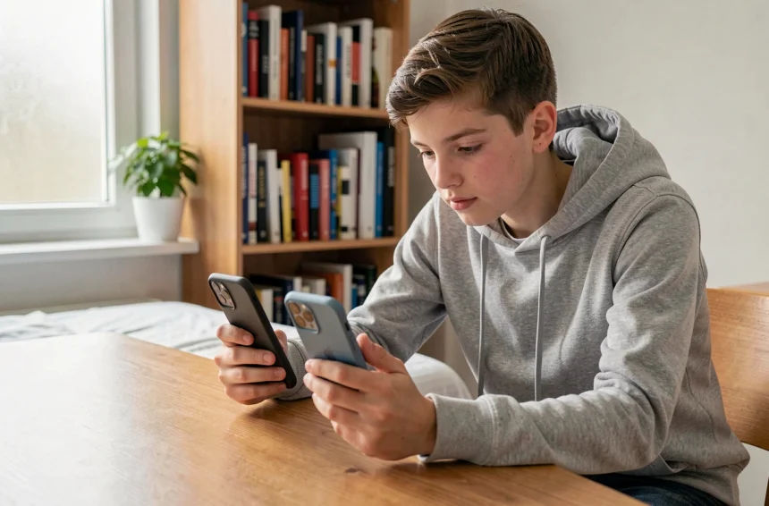 Adolescent comparant deux smartphones abordables posés sur un bureau en bois dans une chambre rangée