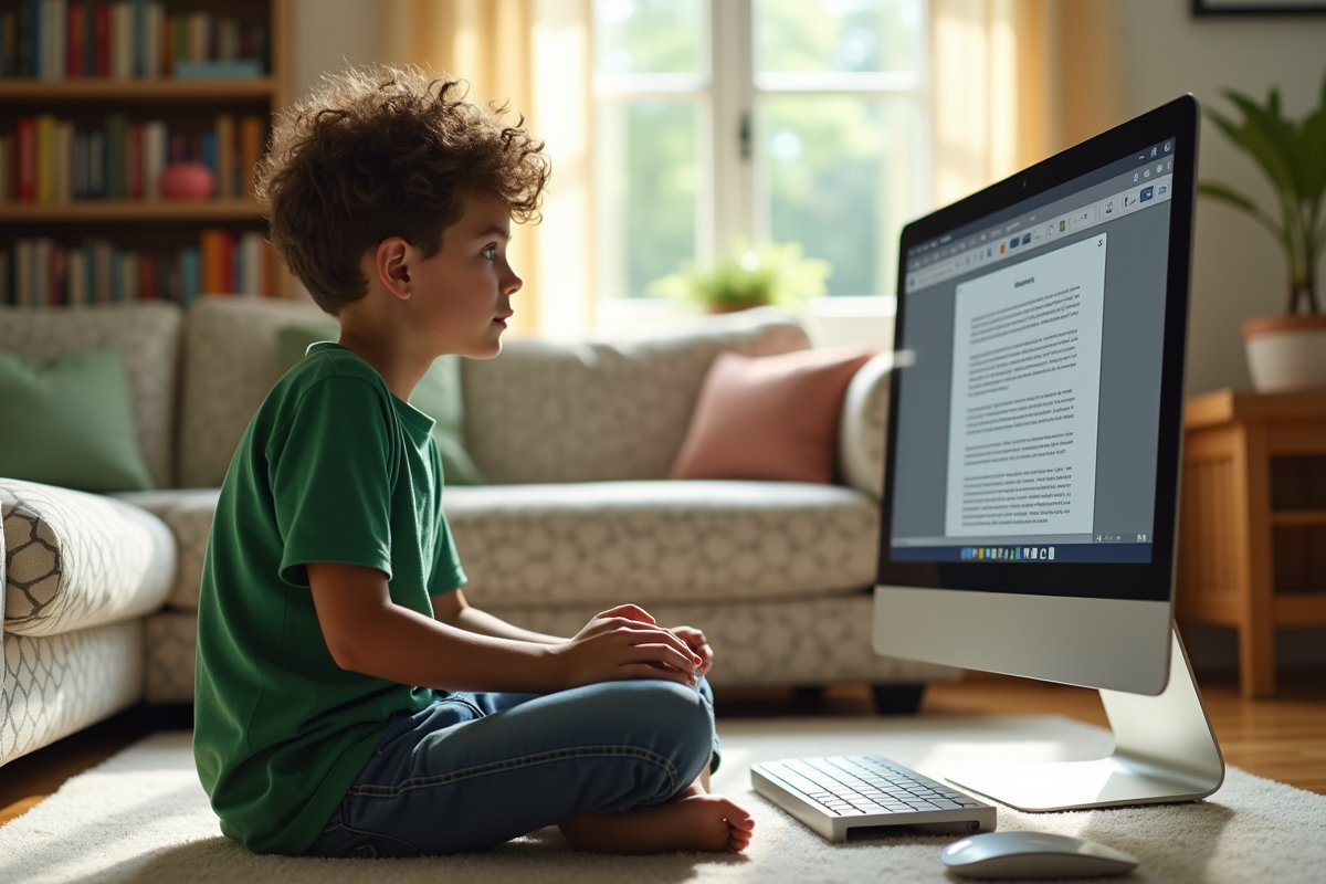 Adolescent utilisant un ordinateur dans un salon lumineux