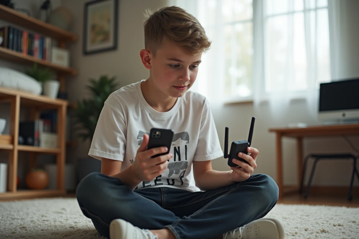 Adolescent tenant un smartphone et un routeur dans sa chambre, illustrant la confusion courante entre internet et le web au quotidien