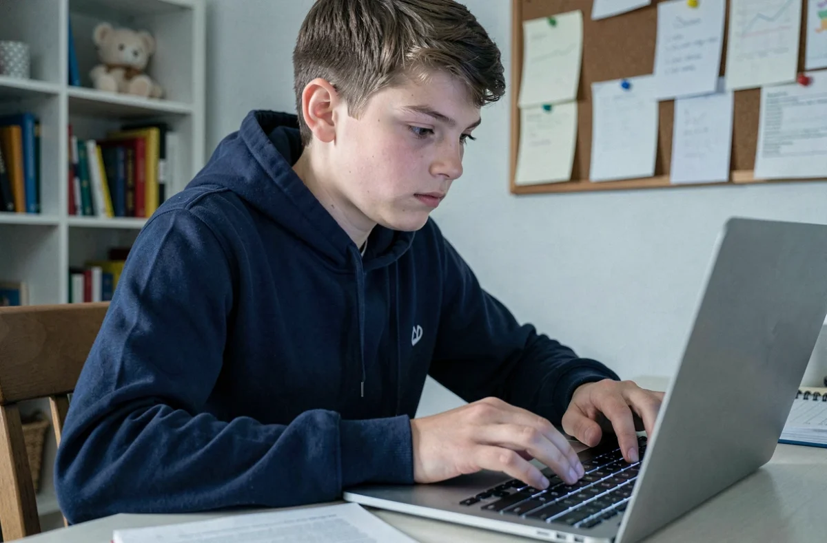 Adolescent appuyant sur la touche Shift d'un clavier d'ordinateur portable pour taper une majuscule