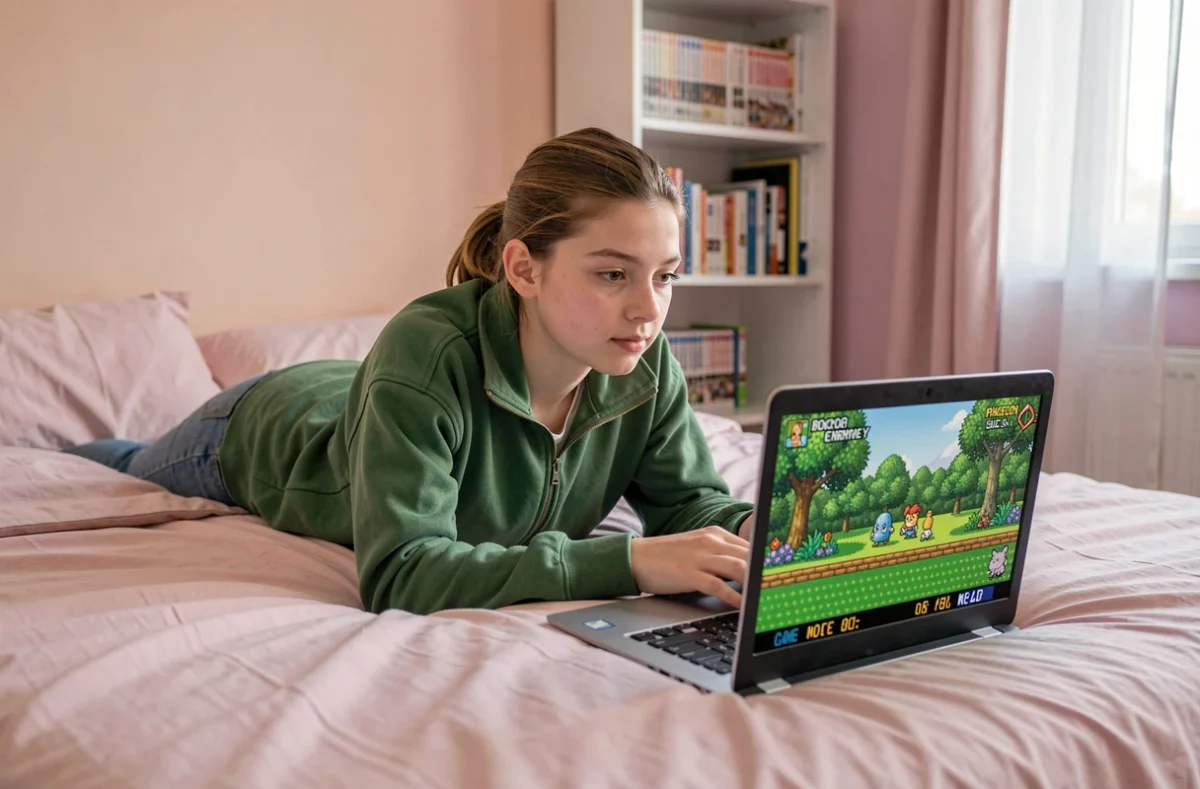 Adolescente allongée sur son lit jouant à Pokémon Émeraude avec l'émulateur GBA sur son ordinateur portable