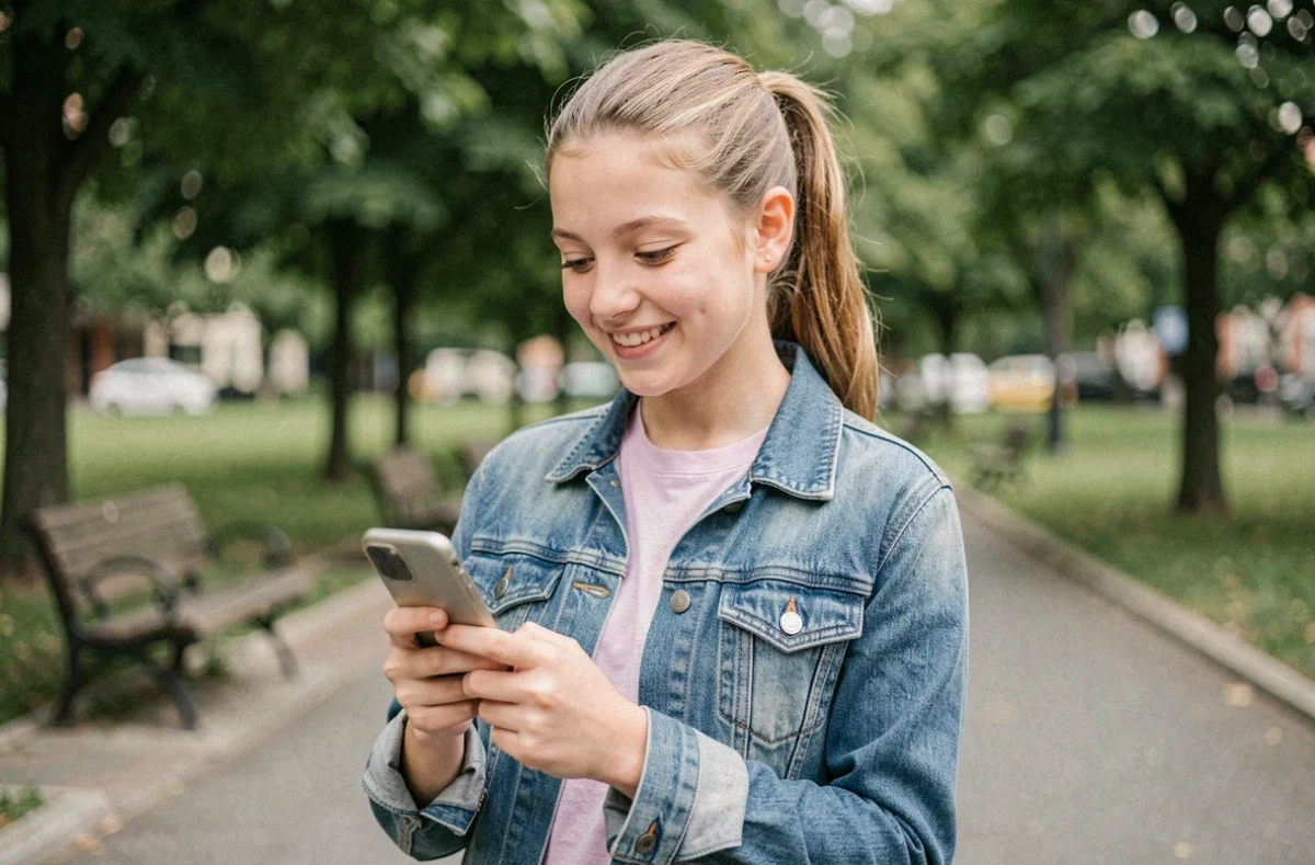 Adolescente utilisant un smartphone pas cher dans un parc urbain avec une expression détendue et naturelle