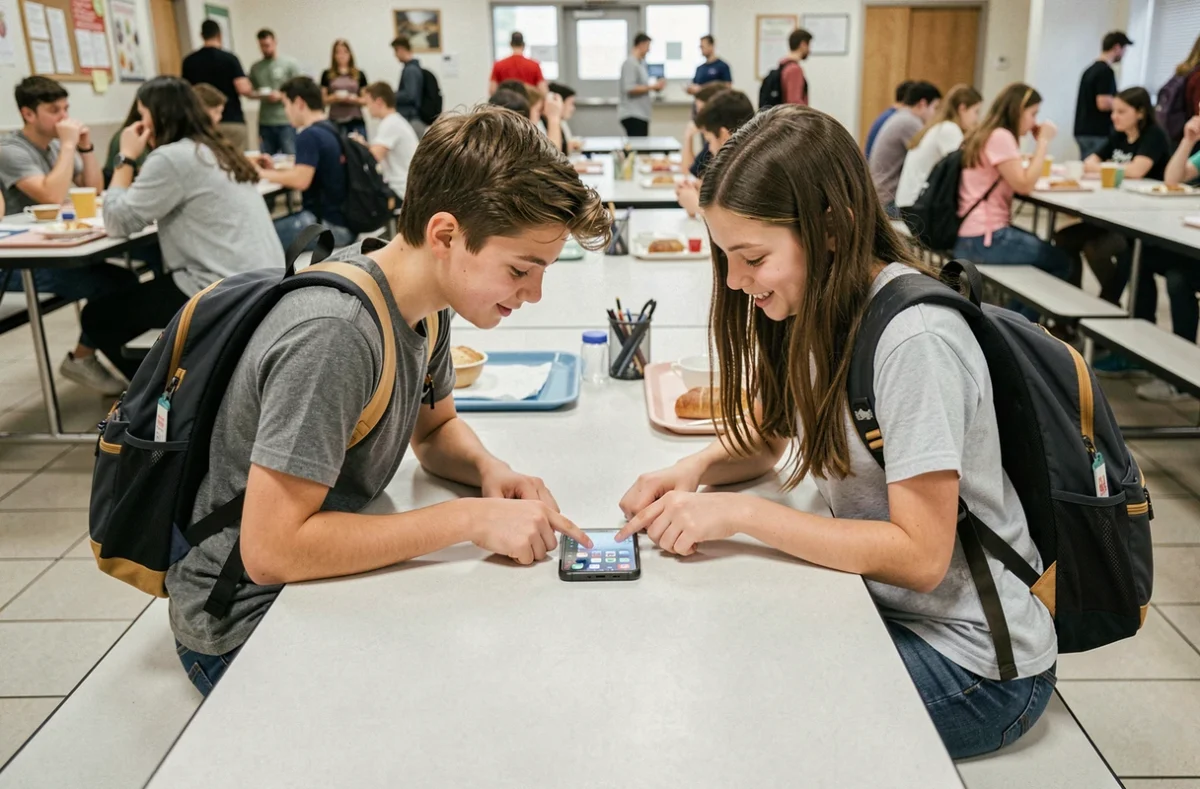 Deux adolescents regardant ensemble un téléphone abordable posé sur une table de cantine scolaire