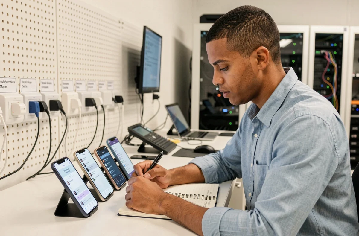 Développeur d'Aquilapp testant une application mobile native sur plusieurs smartphones dans un laboratoire technique du Nord