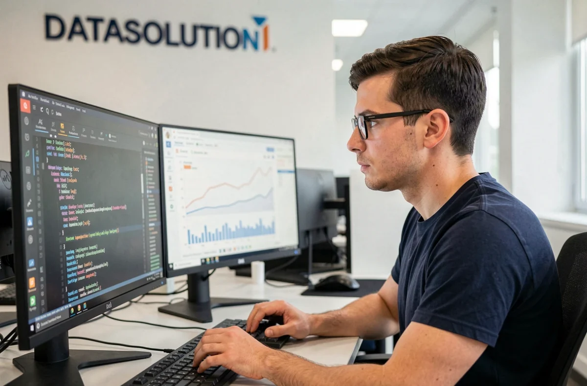 Développeur de l'agence DATASOLUTION concentré devant un double écran affichant un tableau de bord de données et du code dans un bureau moderne