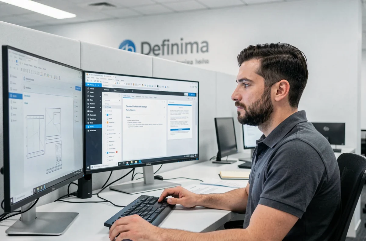 Développeur de l'agence Definima travaillant sur plusieurs écrans affichant des wireframes et un CMS dans un bureau épuré et minimaliste