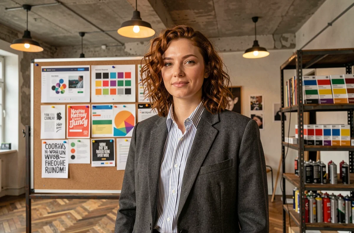 Directrice créative de l'agence Dernier Cri présentant des interfaces mobiles colorées dans un studio créatif de Roubaix