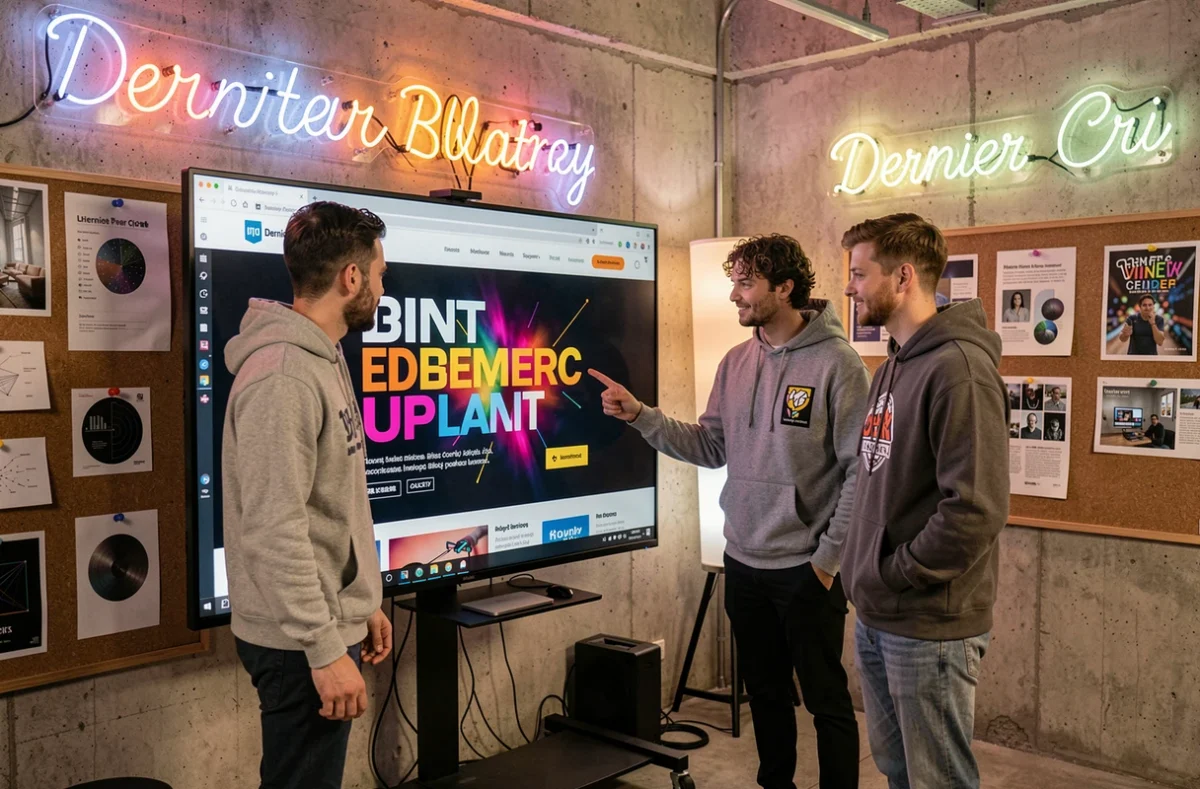 Équipe créative de l'agence Dernier Cri réunie autour d'un écran tactile affichant un design web graphique et audacieux dans un studio tendance
