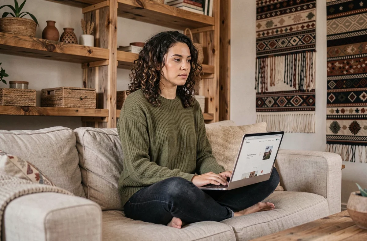 Designer UX de l'agence Ethiko travaillant sur un ordinateur portable dans un studio chaleureux aux matériaux éco-responsables et textiles artisanaux