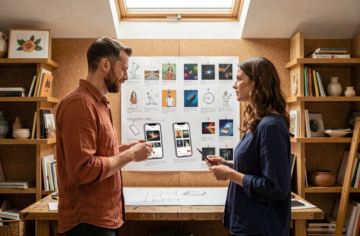 Les associés de Fragments Studio analysant un storyboard d'expérience applicative mobile dans leur studio artisanal lillois