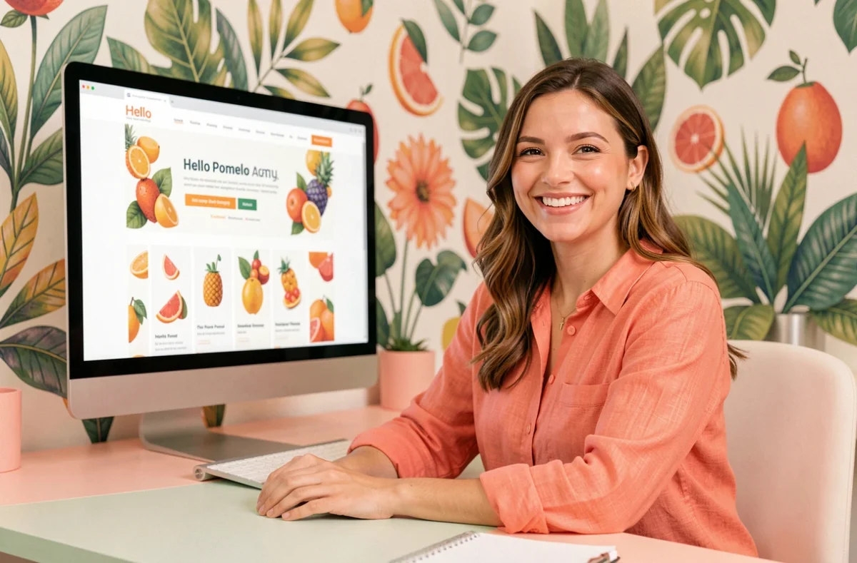 Chef de projet souriante de l'agence Hello Pomelo dans un studio coloré et tropical avec un écran affichant un design web fruité et joyeux