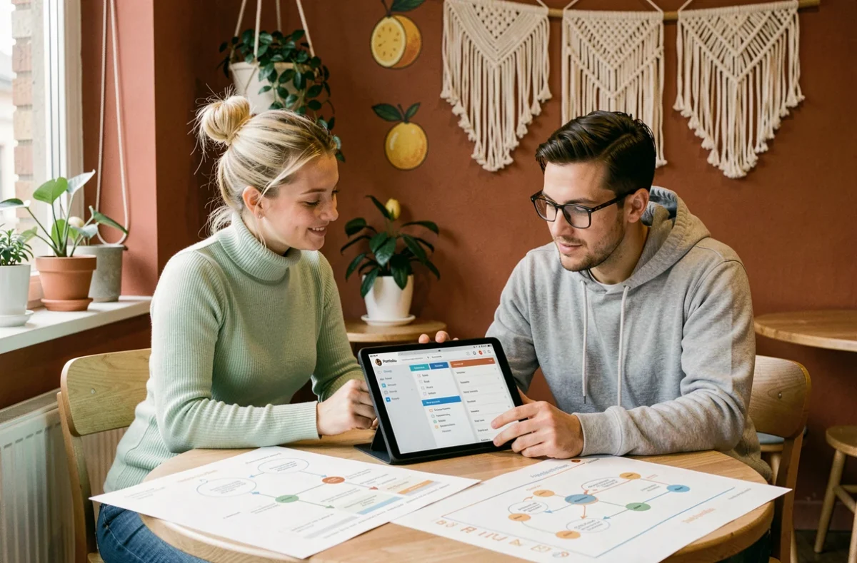 Deux designers UX de Hello Pomelo collaborant sur des wireframes d'application mobile autour d'une table en bois