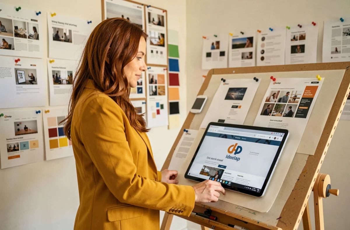 Directrice artistique de l'agence Ideclap debout devant des maquettes web imprimées et des planches couleurs dans un studio de création graphique