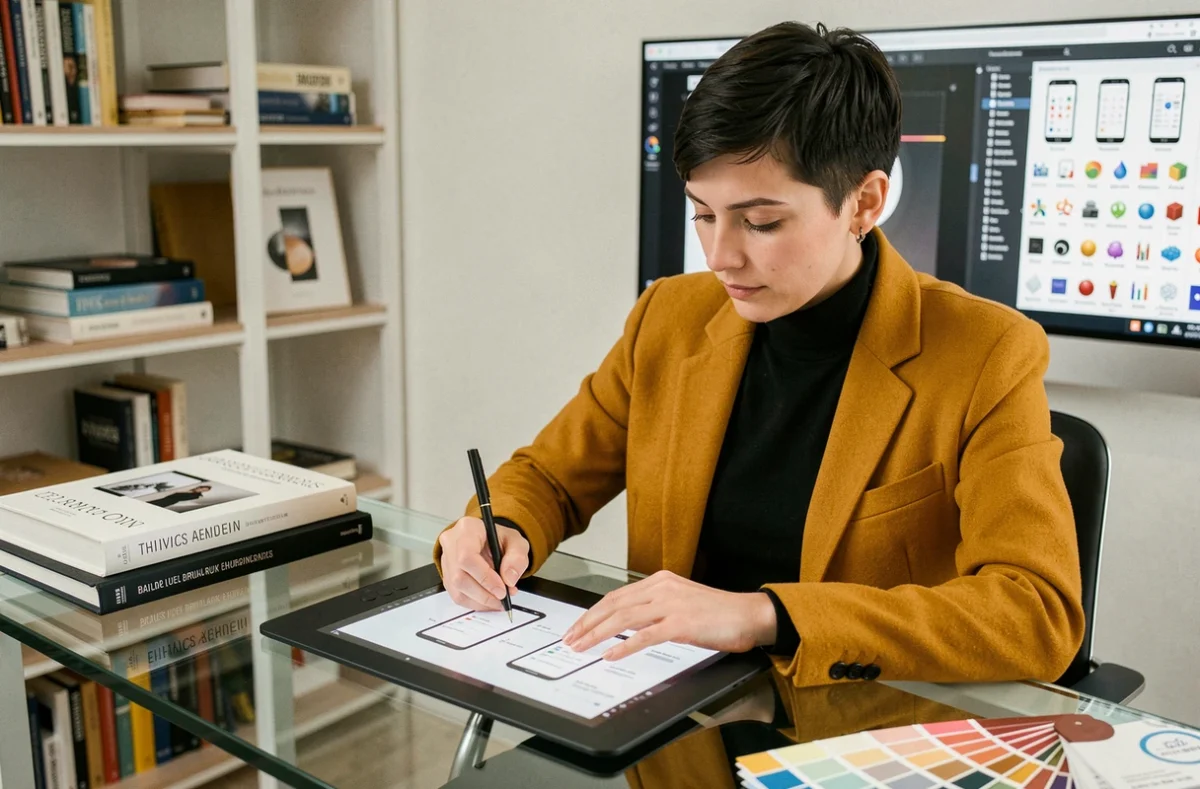 Conceptrice de l'agence Idéine esquissant des interfaces d'application mobile sur tablette graphique dans un studio minimaliste
