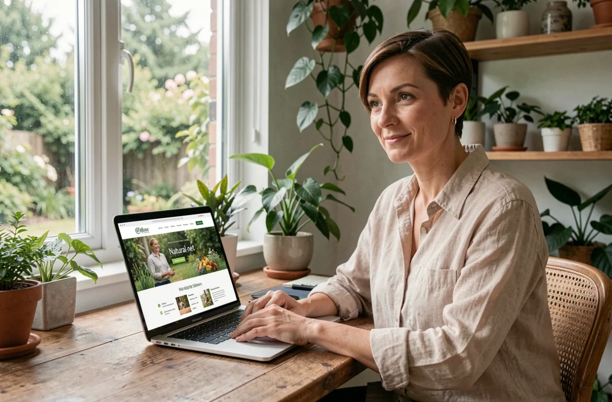 Développeuse web de l'agence Natural-net travaillant dans un bureau naturel et verdoyant avec des plantes et une fenêtre donnant sur un jardin