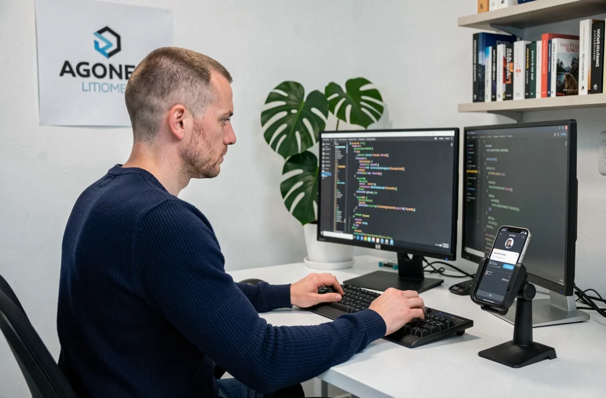 Développeur de l'agence Pragmea concentré sur le code d'une application mobile dans son studio lillois