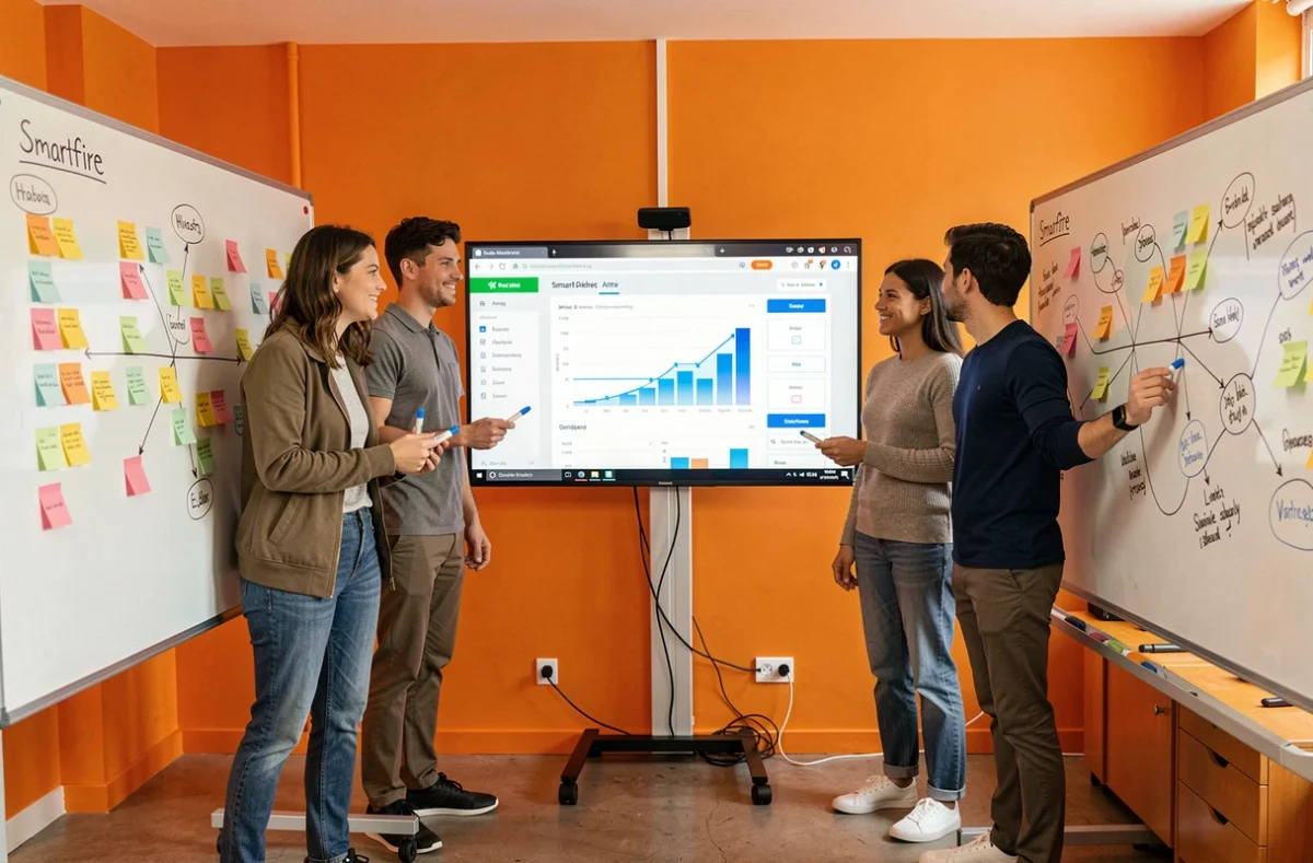 Équipe dynamique de l'agence Smartfire collaborant dans un bureau startup coloré devant des tableaux blancs et un écran d'application web