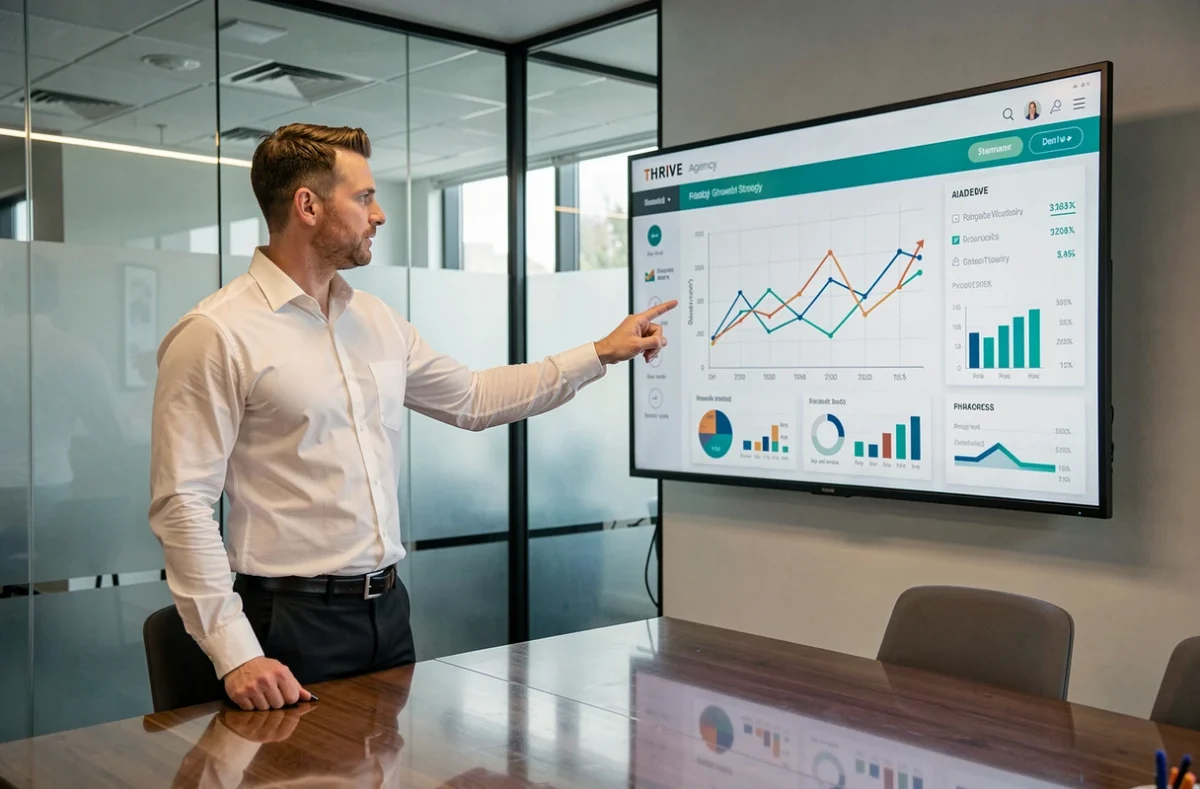 Entrepreneur de l'agence THRIVE présentant une stratégie de croissance digitale sur un grand écran dans une salle de conférence moderne et vitrée