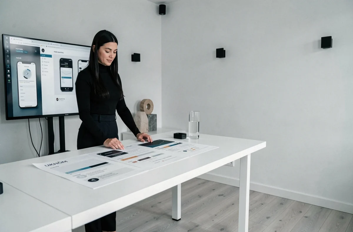 Directrice design de l'agence UKHÖM examinant un système UI d'application mobile dans un studio minimaliste scandinave à Lille
