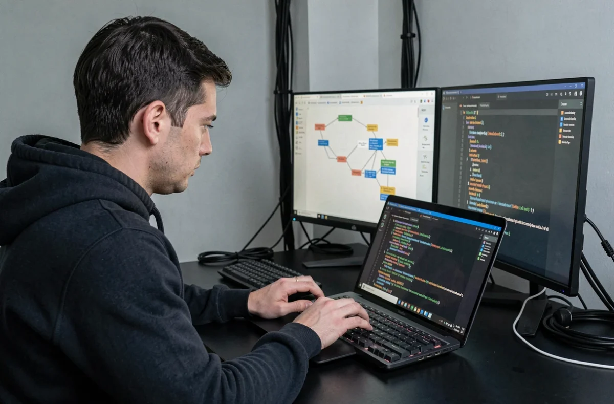 Développeur full-stack de l'agence Webdevo concentré sur un diagramme d'architecture back-end et un terminal dans un espace de travail technique minimaliste