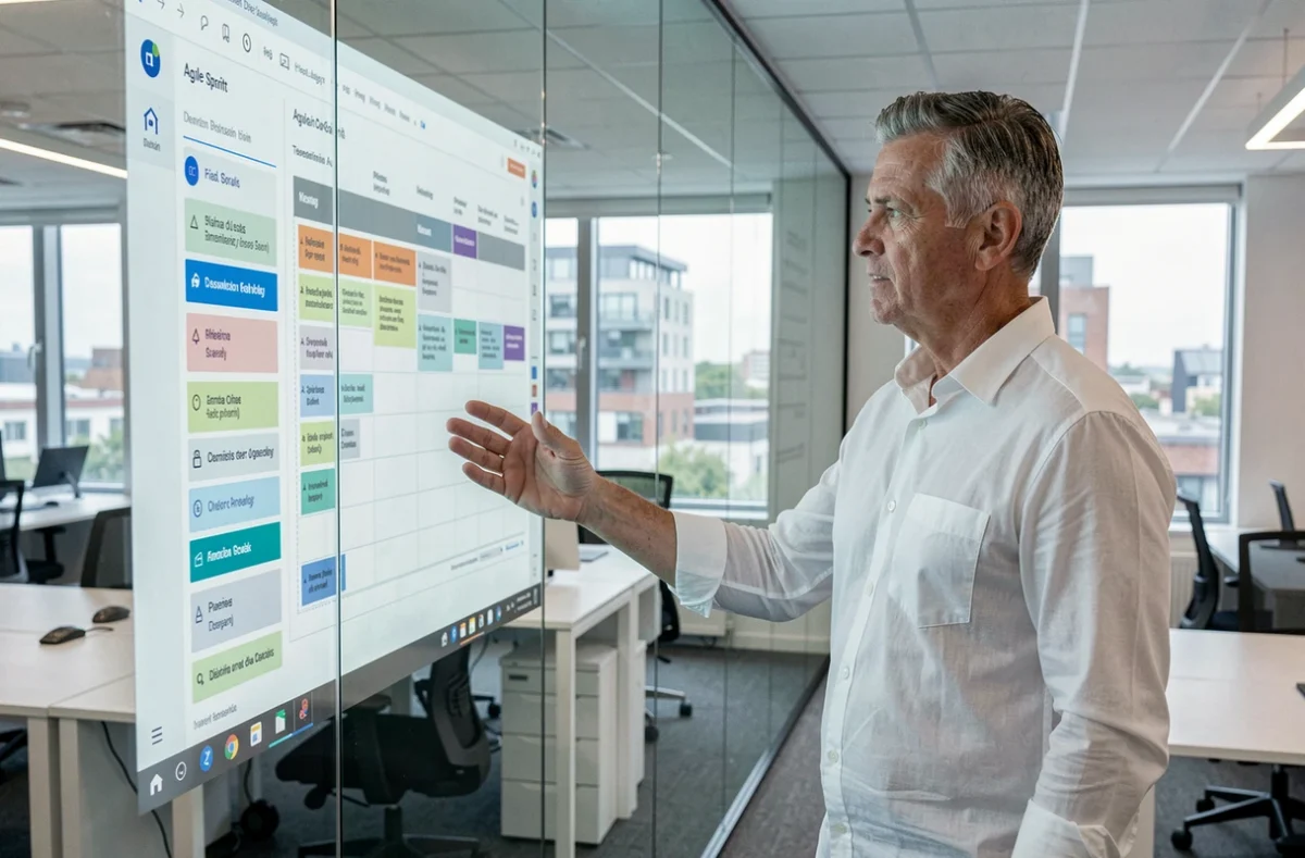 Chef de projet de l'agence Webnet présentant un tableau Agile de développement d'application mobile dans un bureau lillois