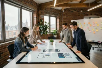 Équipe pluridisciplinaire travaillant sur des applications mobiles dans un bureau collaboratif du nord de la France