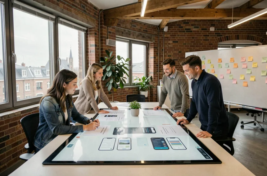 Équipe pluridisciplinaire travaillant sur des applications mobiles dans un bureau collaboratif du nord de la France