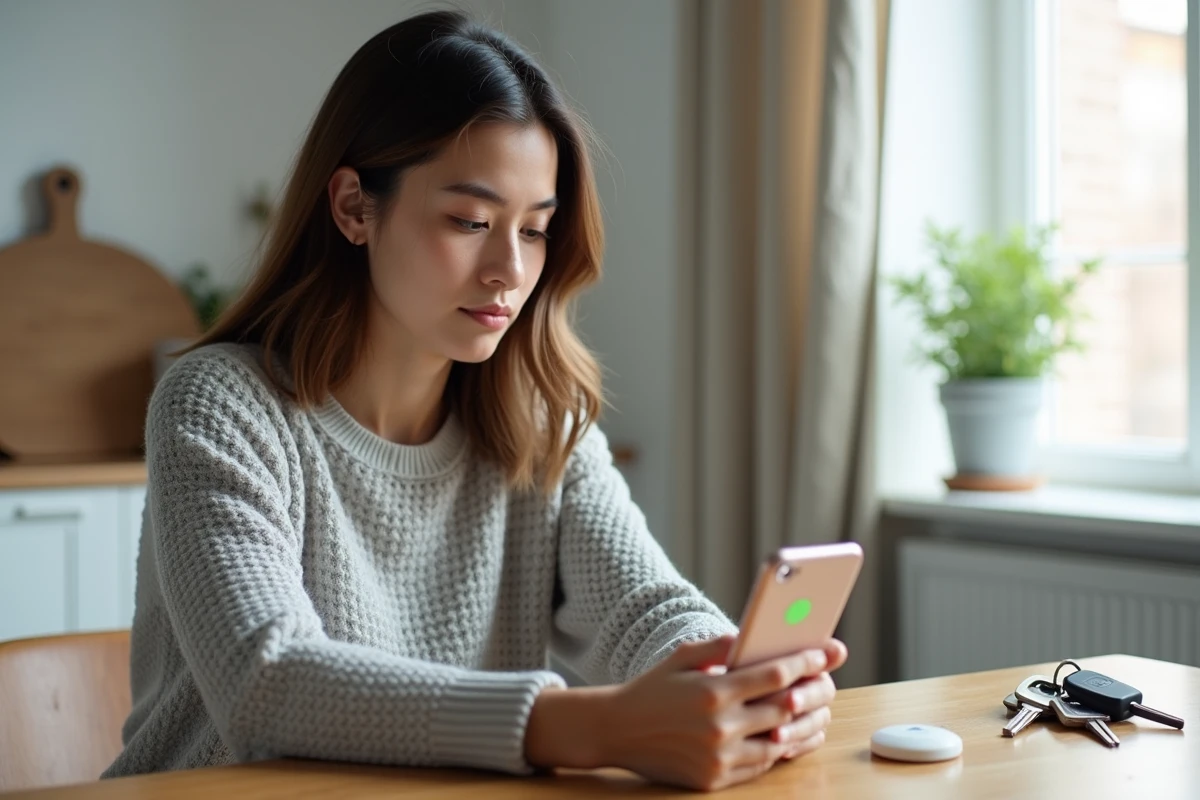 Femme consultant l'application Find My sur iPhone pour localiser un AirTag posé sur une table à côté de clés de voiture