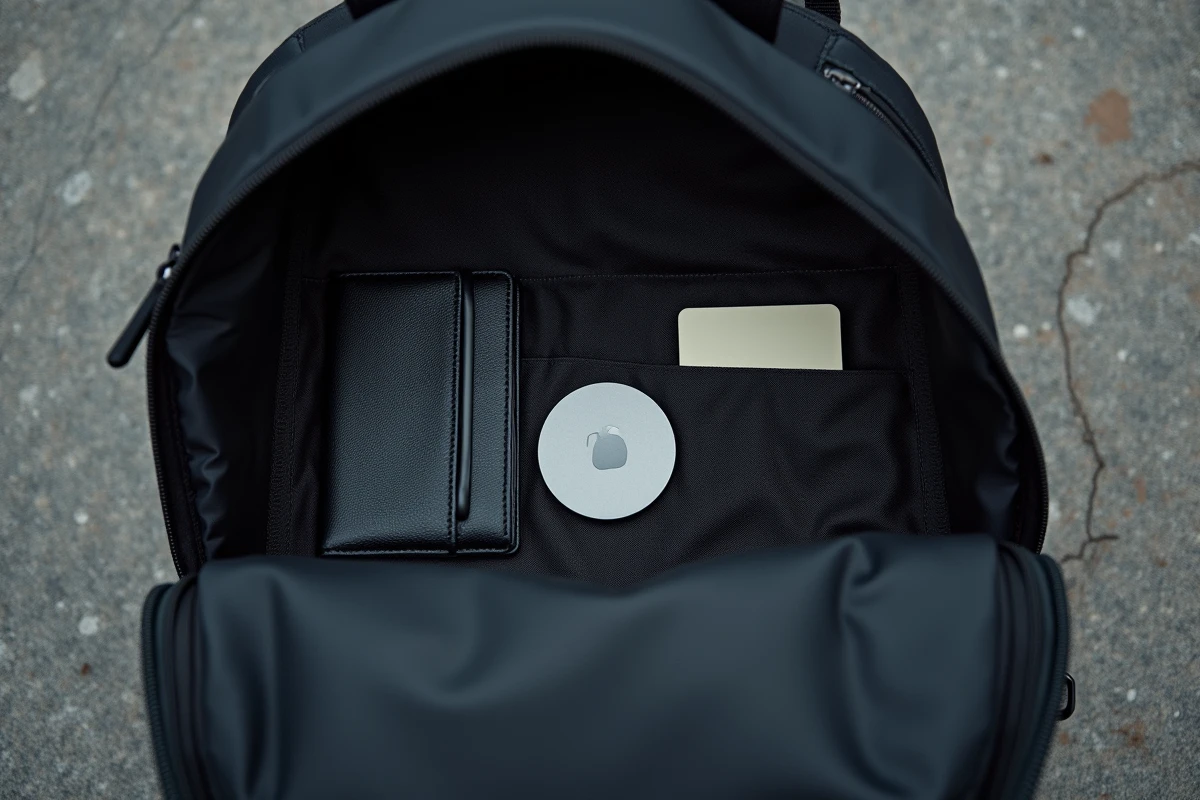 Vue aérienne d'un AirTag glissé dans un sac à dos avec un portefeuille et des affaires personnelles pour assurer leur suivi en cas de vol