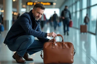 Homme attachant un AirTag sur un sac de voyage en cuir dans un aéroport pour éviter la perte ou le vol de bagage