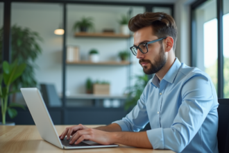 Jeune homme analysant des données SEO sur son ordinateur