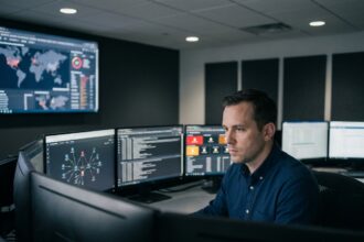 Analyste SOC externalisé surveillant des tableaux de bord de cybersécurité en temps réel dans un centre d'opérations de sécurité moderne