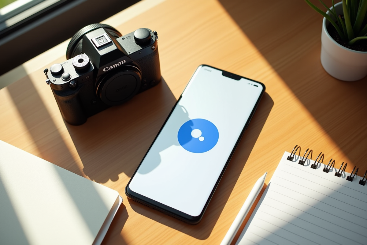 Caméra et smartphone avec Google Assistant sur un bureau en bois