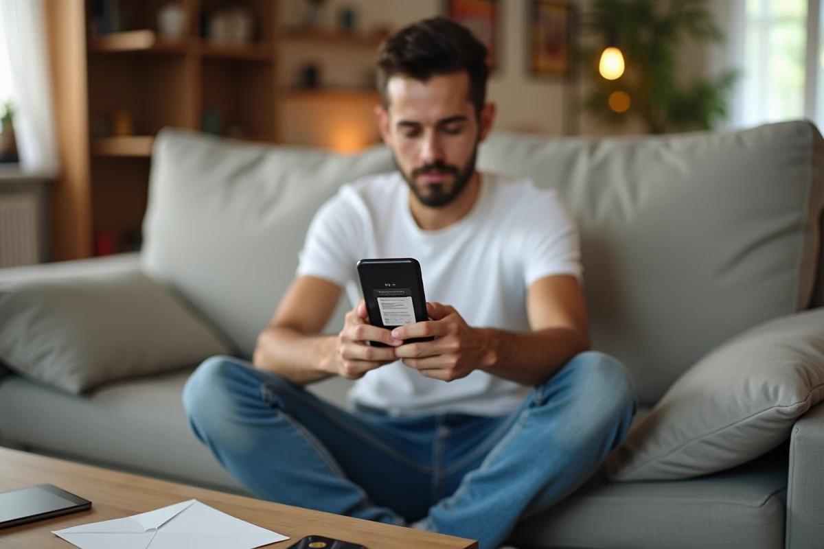 Jeune adulte utilisant une application mobile pour convertir un document JPG en PDF depuis son domicile