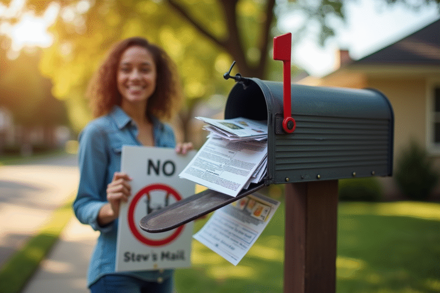 Personne avec panneau non aux courriers indésirables devant boîte aux lettres
