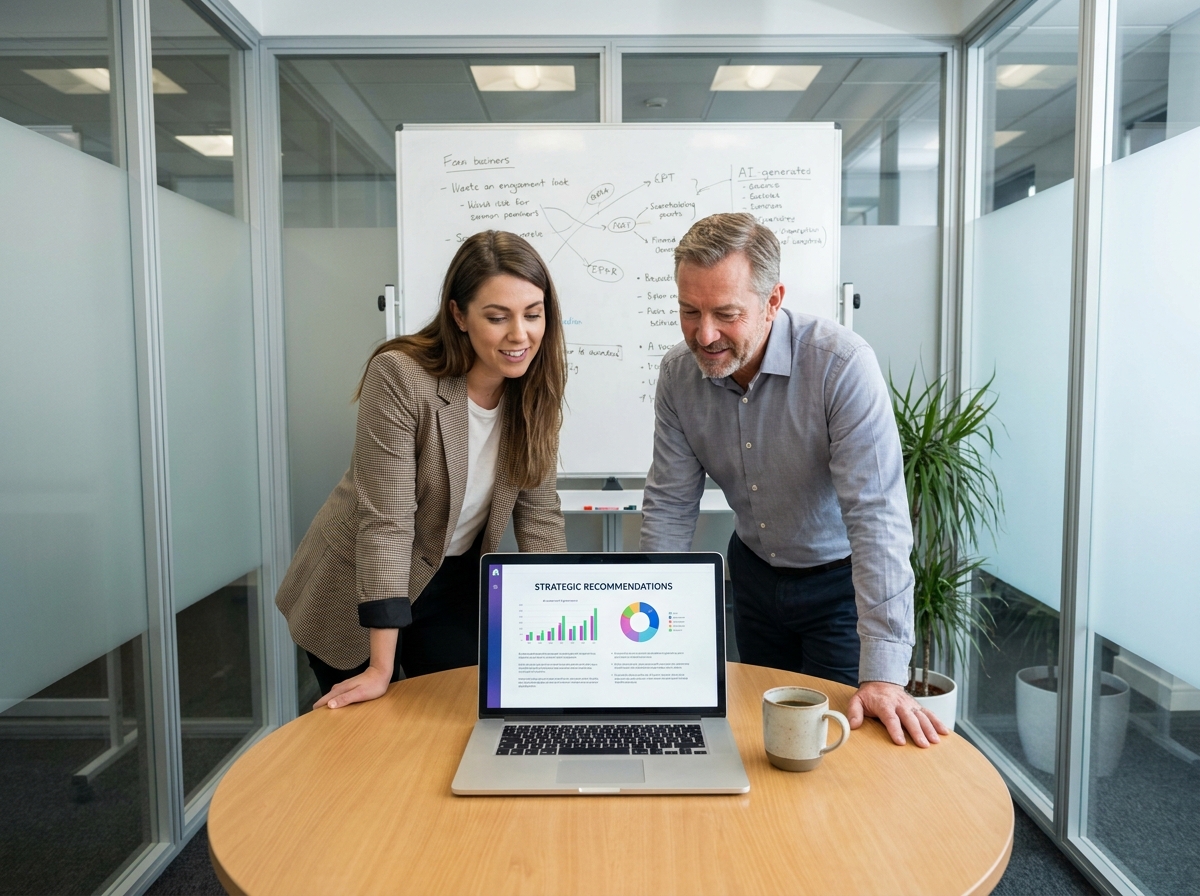 Deux associés de PME collaborant autour d'un outil IA stratégique lors d'une réunion de travail