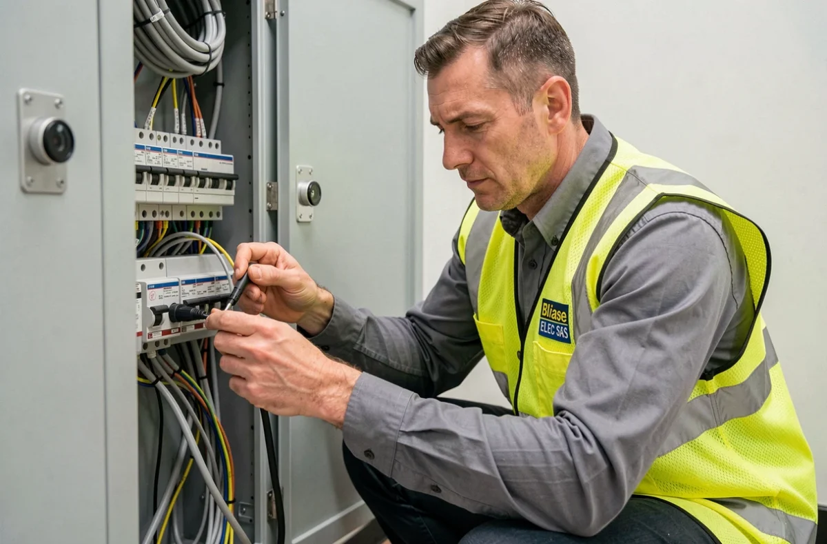 Électricien de Blaise Elec SAS câblant un système de vidéosurveillance dans un local technique