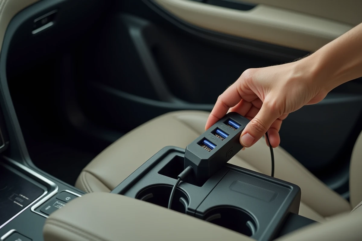 Main branchant un câble USB-C dans un chargeur allume-cigare multiport à l'intérieur d'un SUV