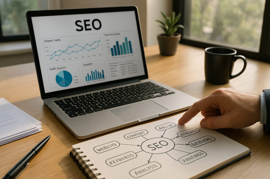 Bureau professionnel avec ordinateur affichant des analyses SEO