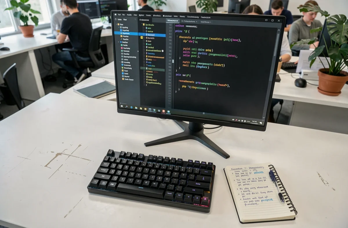 Vue aérienne d'un bureau de développeur avec un écran affichant l'installation de Python et des commandes pip