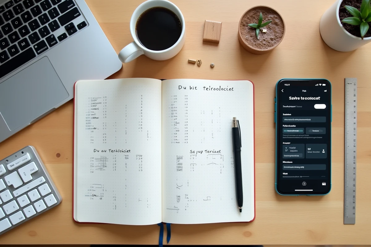Vue aérienne d'un bureau avec carnet de conversion d'octets, clavier mécanique, clé USB et smartphone affichant le stockage de données
