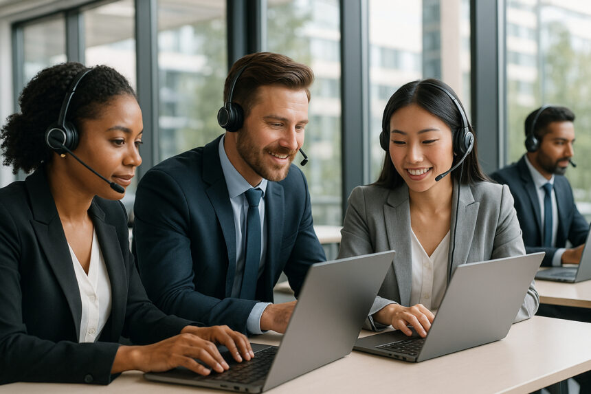 Photo d'un bureau moderne avec professionnels portant des casques haut de gamme