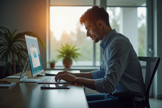 Personne travaillant sur un ordinateur portable dans un bureau moderne