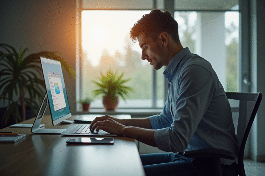 Personne travaillant sur un ordinateur portable dans un bureau moderne
