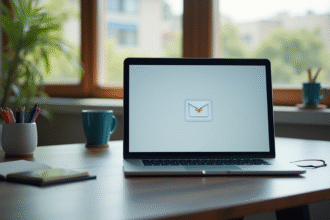 Espace de travail professionnel avec écran de webmail moderne