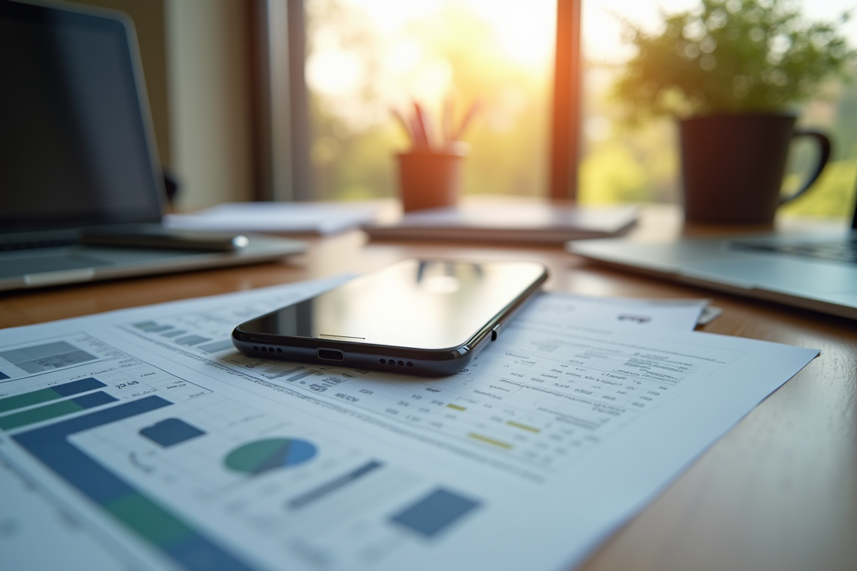Smartphone prenant en photo un rapport financier imprimé