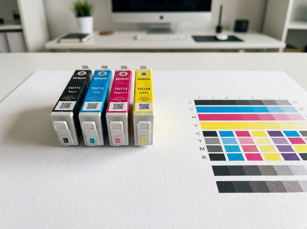 Cartouches d'encre Epson cyan magenta jaune et noir disposées avec une page test imprimée en couleur